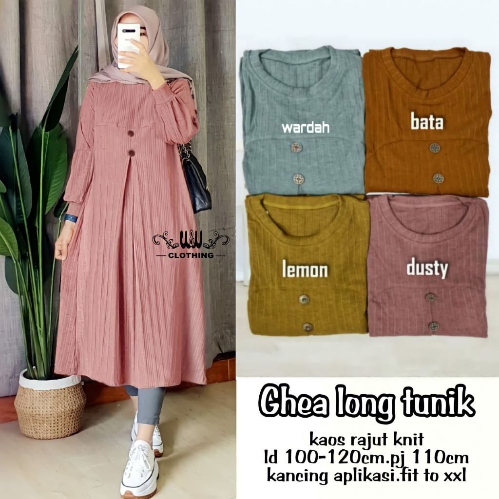 Ghea Long Tunik Kaos Rajut Knit Jumbo XXL Ld 120 Polos Lengan Panjang Semi Balon Kekinian