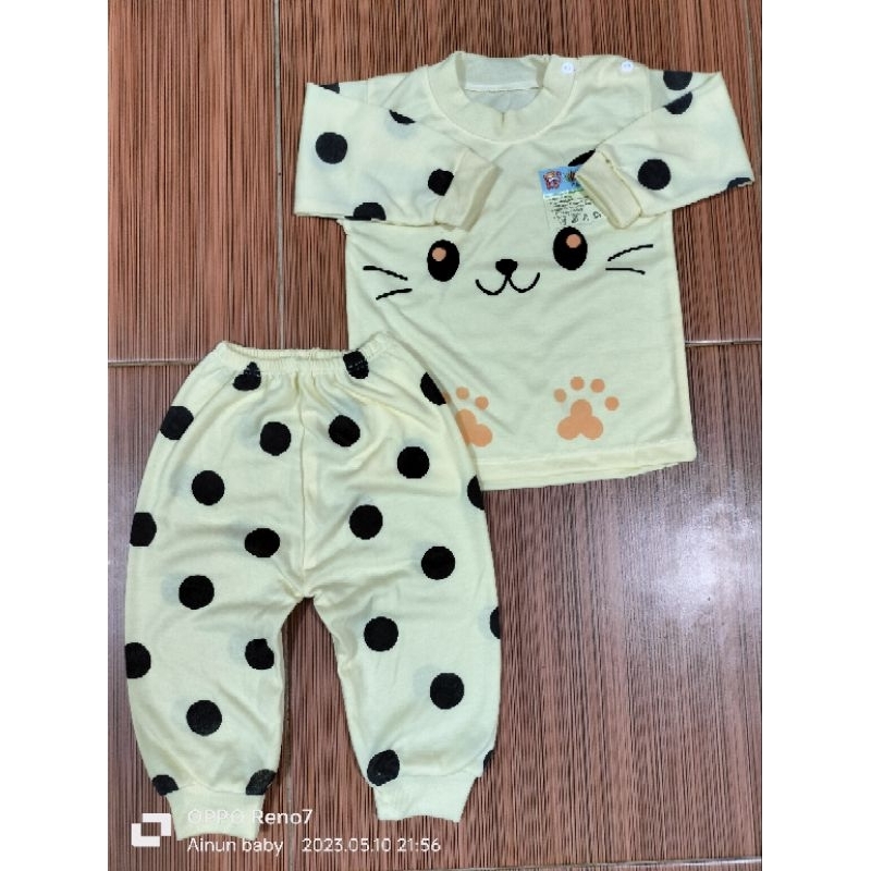 Setelan Baju Bayi Panjang Kancing Pundak Motif Kucing Garis