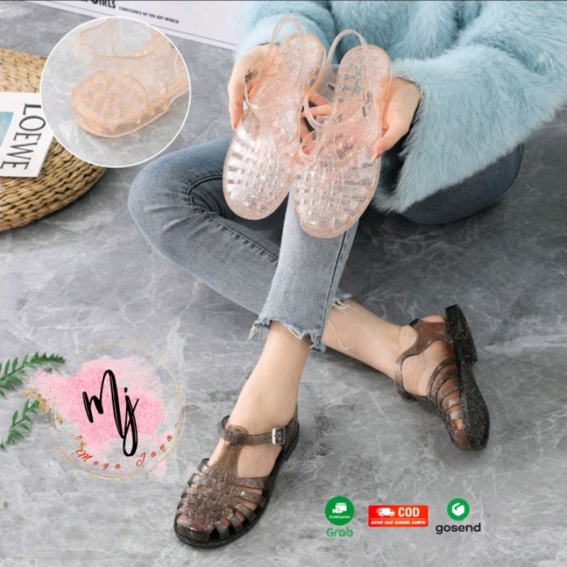 Sandal Jelly Transparant Glitter/ Meisha Jelly Shoes Dewasa/ Sandal Jelly Wanita Import