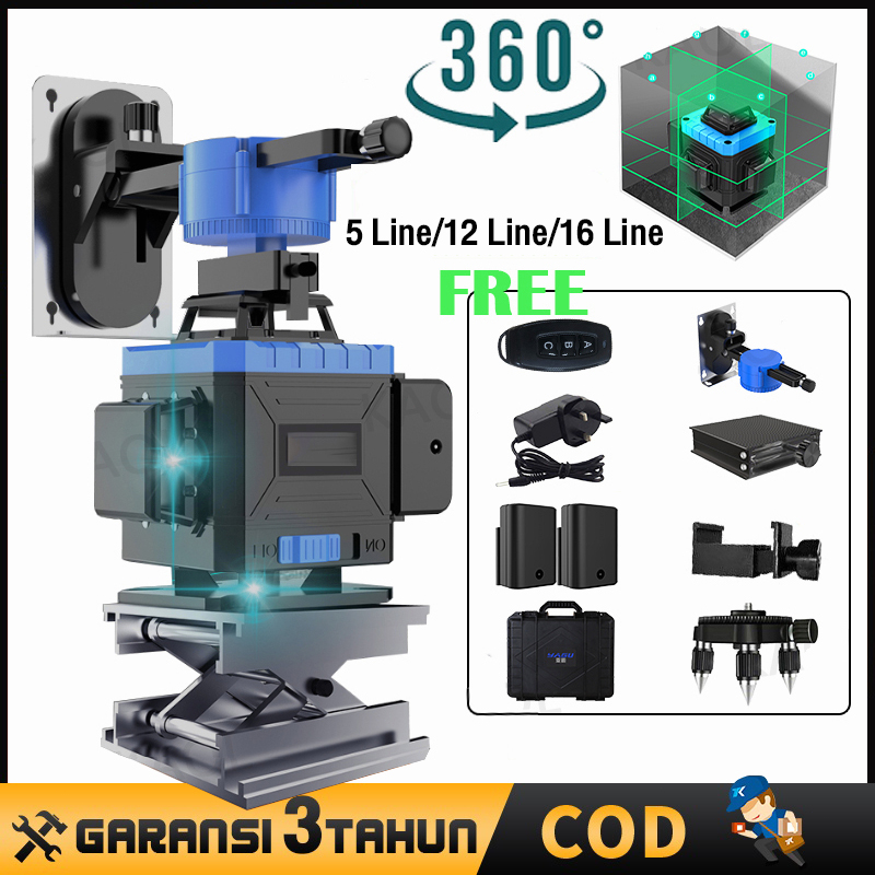 Laser Level 16 Lines/12 Lines/5 Lines 2 baterai Mesin Self Leveling Tingkat Laser Tingkat Laser Sinar Hijau dengan Remot Laser Siku Waterpass Digital Laser 3D High-precision