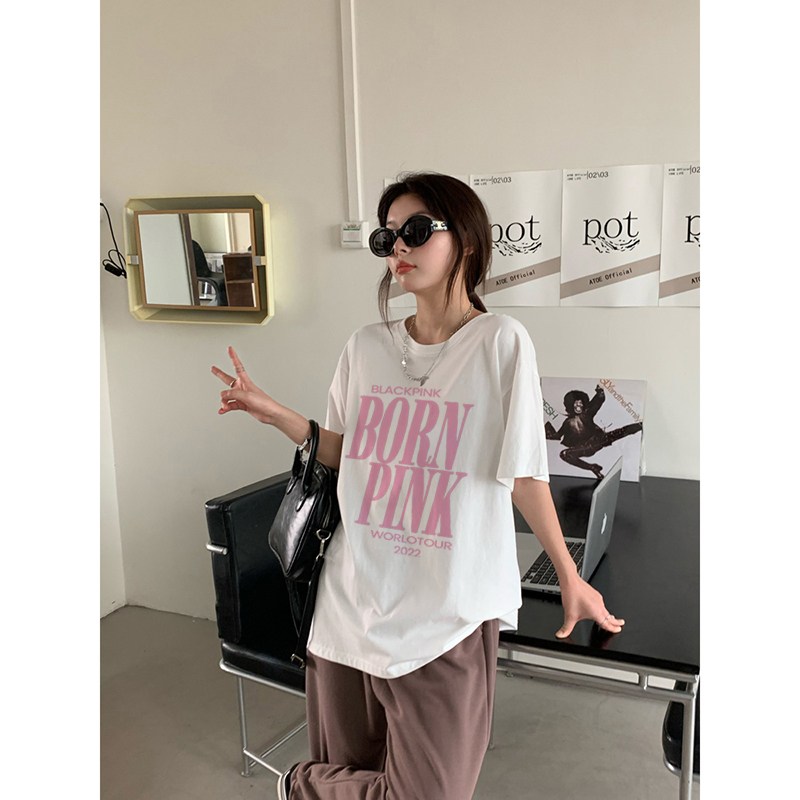 Letter Kaos Cream Lengan Pendek Atasan Wanita Oversize Printed T-shirt Kekinian Korean Style