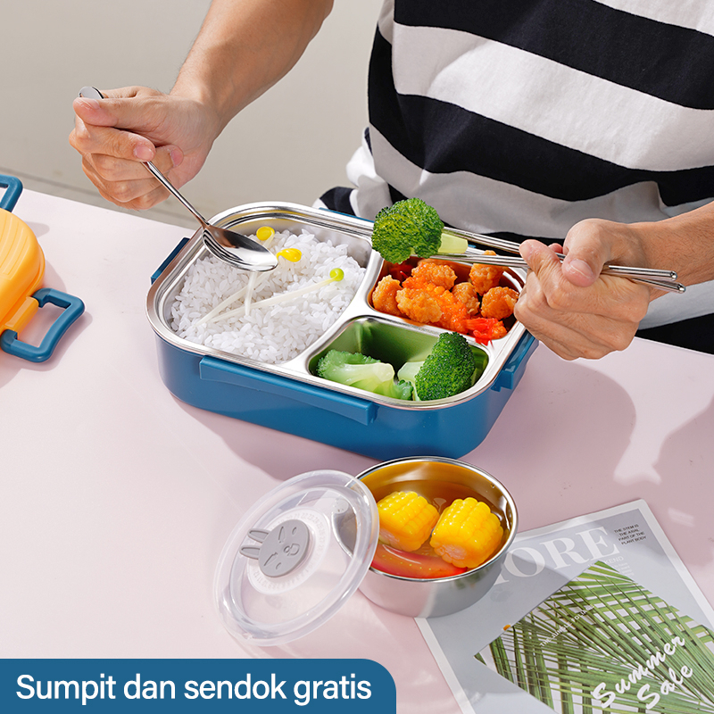 anantagt Tempat Kotak Makan Anak Dewasa 3 Grid Bento Lunch Box Stainless Steel bekal makan 1000ml Mangkuk Sup