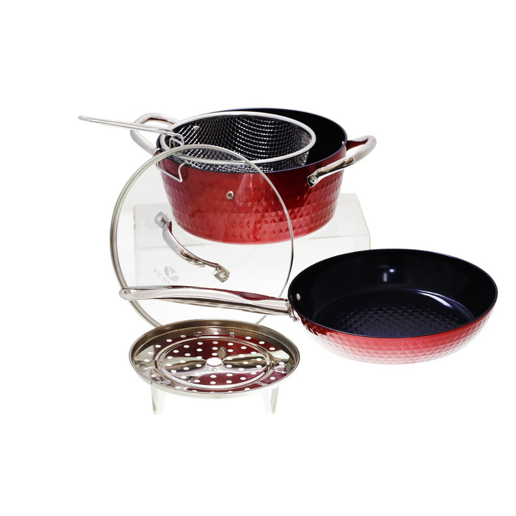 Set panci pengukus & penggorengan VICENZA V5491 warna Merah metalic, Paket Peralatan masak VICENZA l