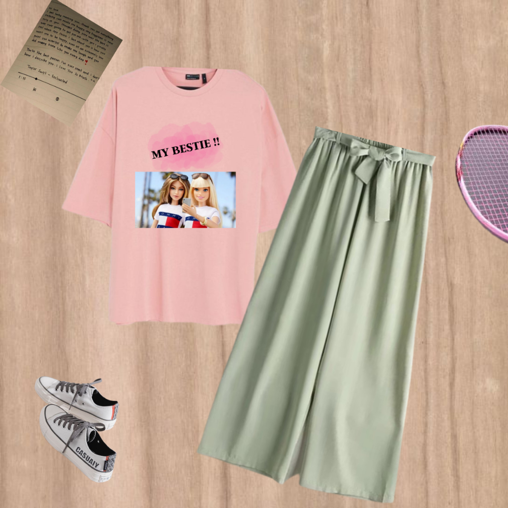 Choice Ali - Baju 1 Pasang Trendy Model Terbaru Atasan Kaos Big Size Warna Pastel Dan Celana Kulot M