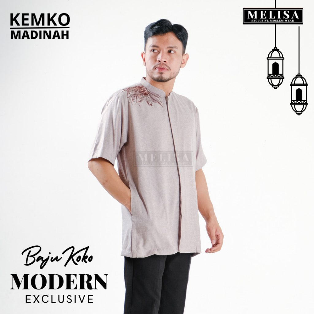 Baju Koko Pria Kemko Lengan Pendek Bahan Katun Madinah Size M L XL Motip Bordir Warna Coksu-B01