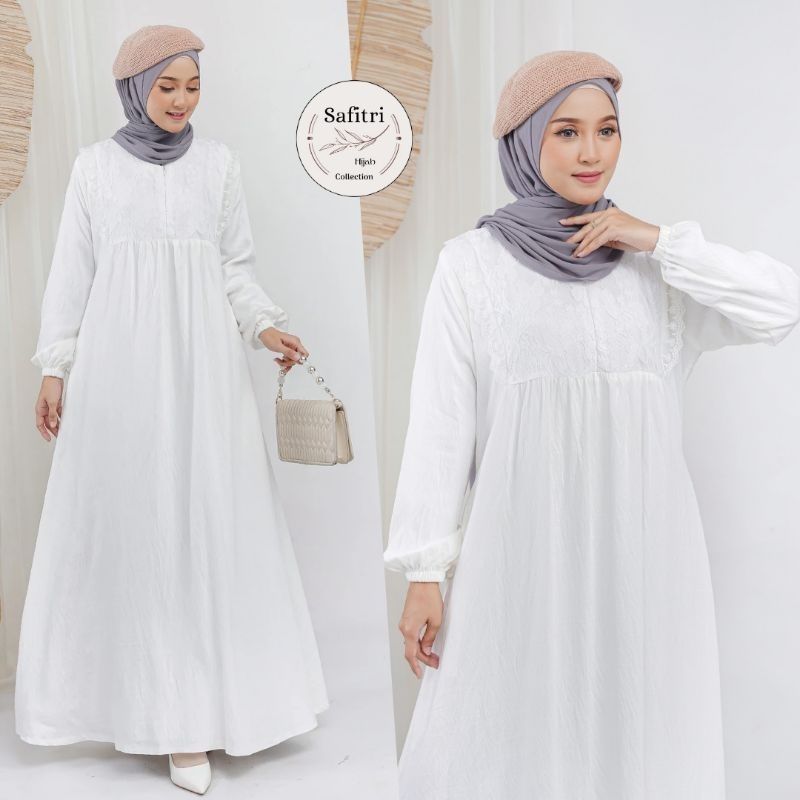 HAYFA DRESS bahan Polo Linen Putih Hitam Manasik Haji Umroh Thawaf aplikasi brokat dan renda by Safitri Fashion