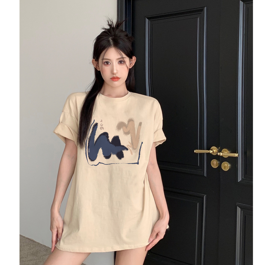 kaos wanita korean style/baju oversize blue brush motif graffiti kaos cream kekinian kaos basic