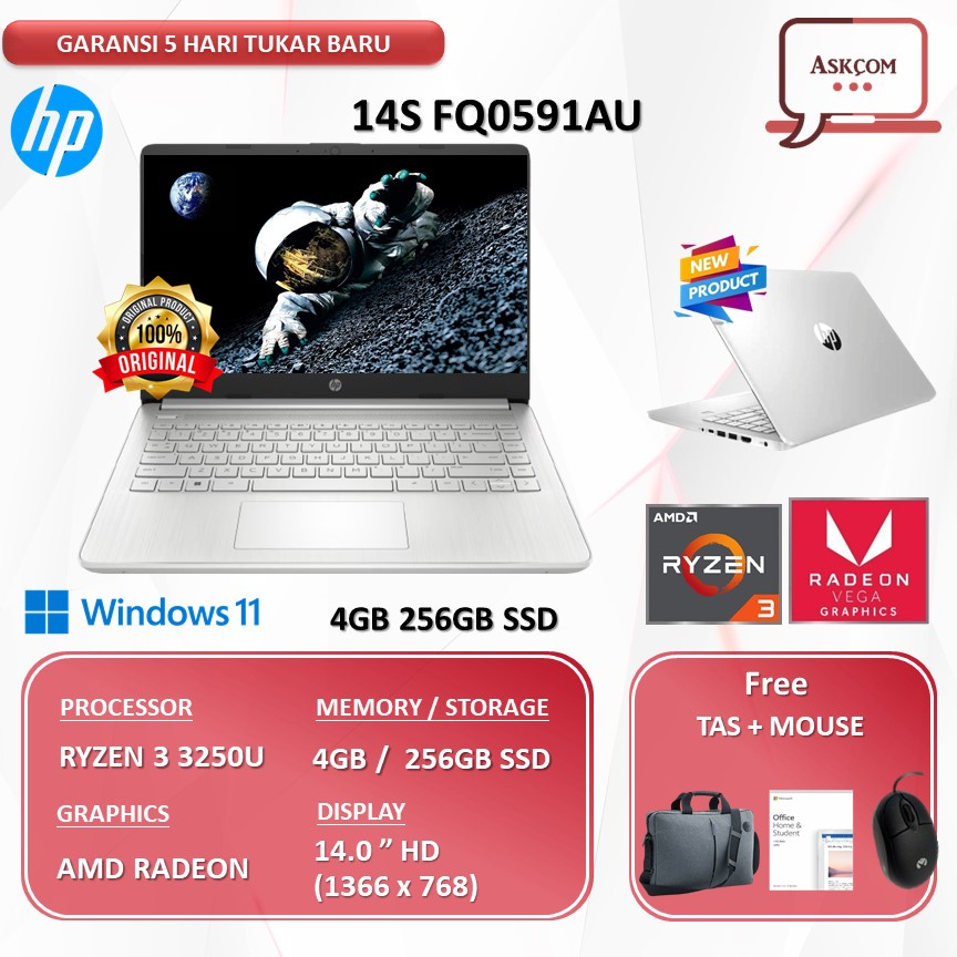 Laptop HP 14S FQ0591AU RYZEN 3 3250U 8GB 256GB SSD  W11 OHS 2021 14.0