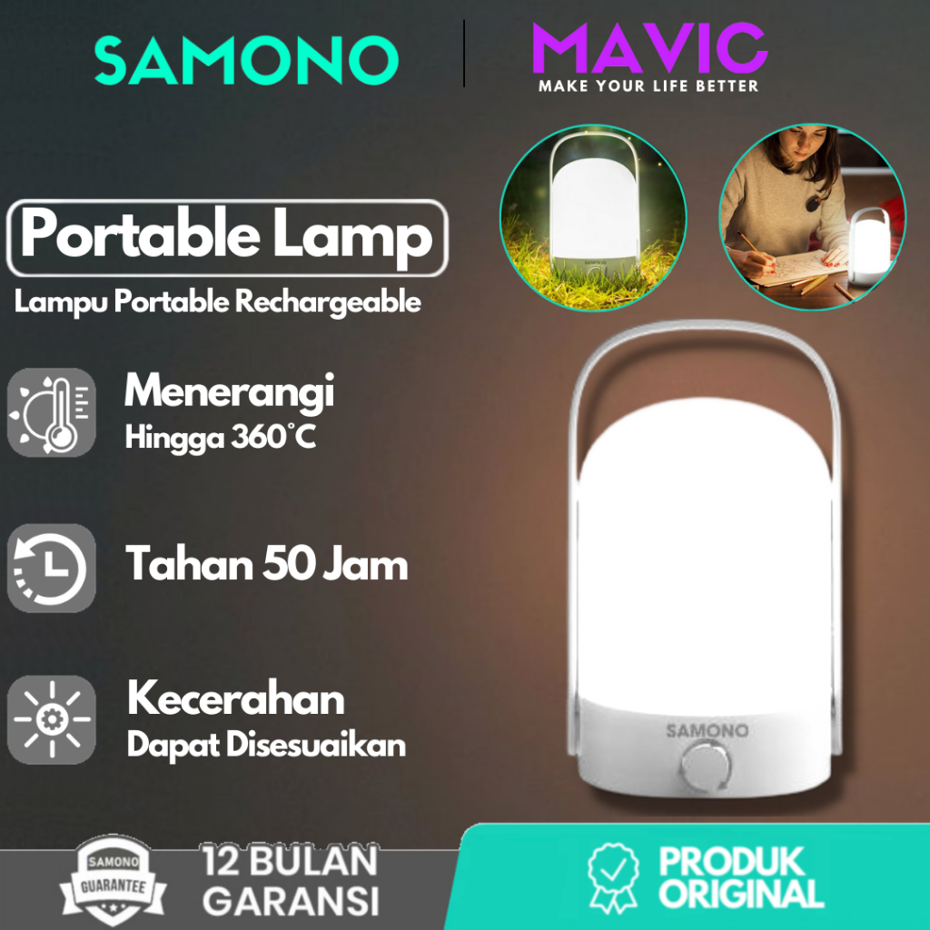 SAMONO SW-RLW08  Lampu Gantung Kamar Baca Kerja Meja Belajar Portabel Terang 360° Lampu Senter Tahan