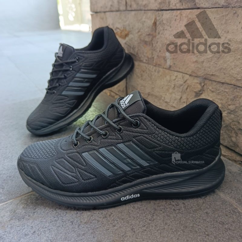 100% GARANSI REAL PICT - SEPATU SPORT ADIDAS HITAM POLOS / SEPATU SNEAKERS SEKOLAH HITAM POLOS ADIDAS RUSH FULL BLACK