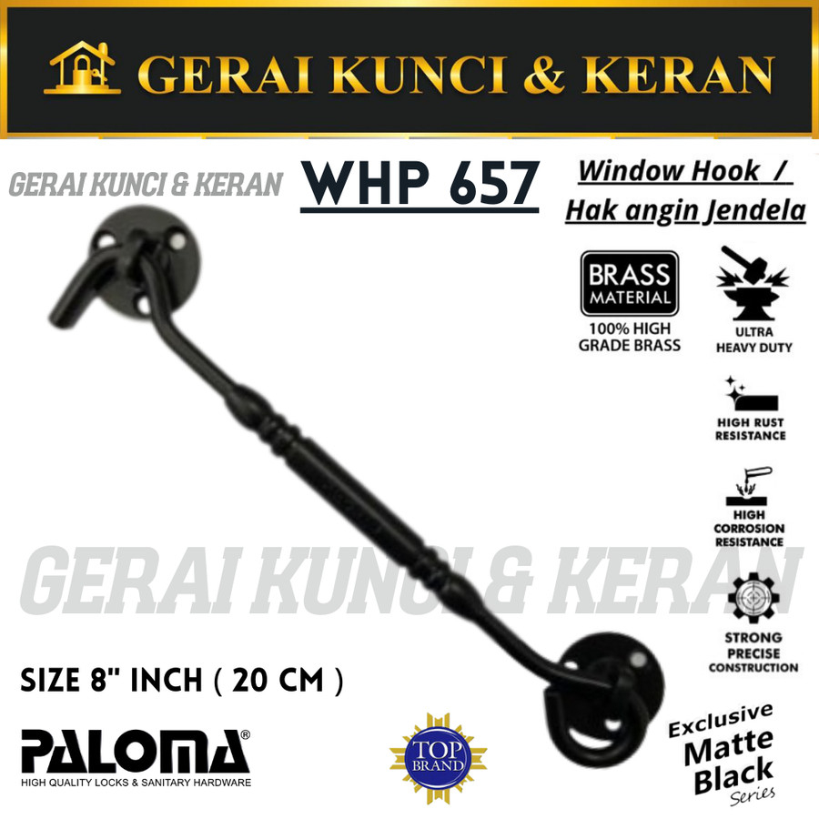 PALOMA WHP 657 BRASS 8&quot; ( 20CM ) HAK ANGIN PENAHAN JENDELA BLACK HITAM