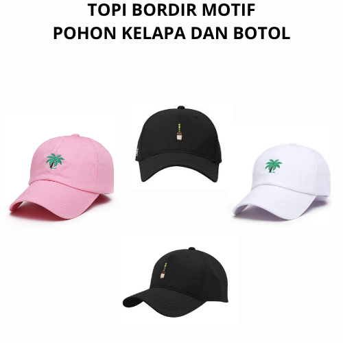 Topi Baseball Ring Besi Motif Pohon Kelapa dan Botol Laki Perempuan