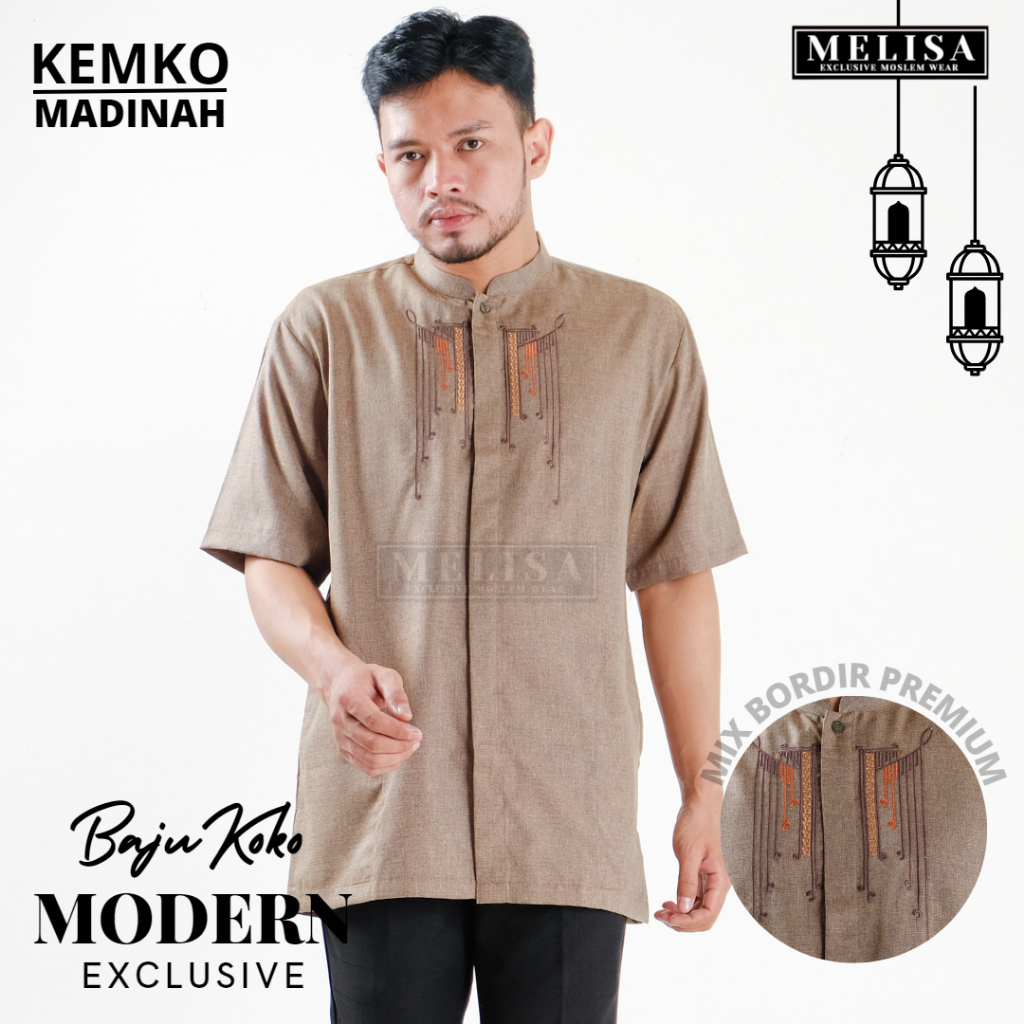 Baju Koko Pria Kemko Lengan Pendek Bahan Katun Madinah Size M L XL Motip Bordir Warna Coklat-B03