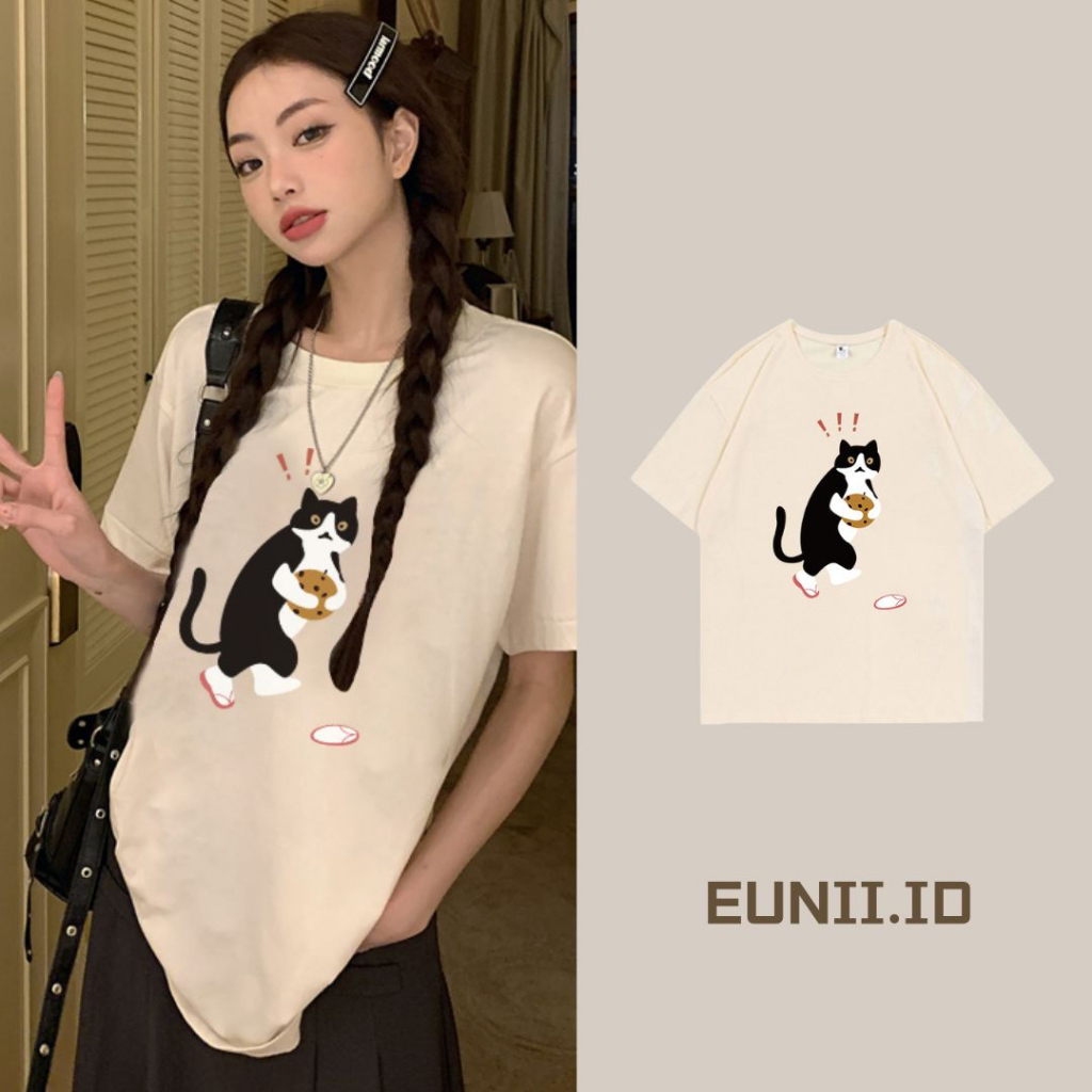 EUNII T-shirt Lengan Pendek Cartoon Surprised Cat Korean Style/Kaos Atasan Wanita/Baju Kaus Oversize Wanita/Kaos Wanita