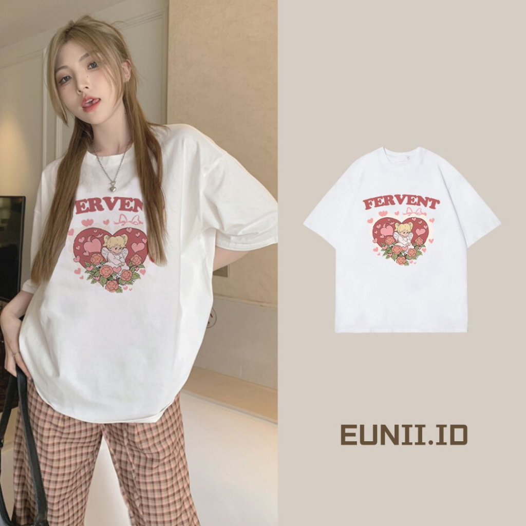 EUNII T-shirt Lengan Pendek Cartoon Love Angel Korean Style/Kaos Atasan Wanita/Baju Kaus Oversize Wanita/Kaos Wanita