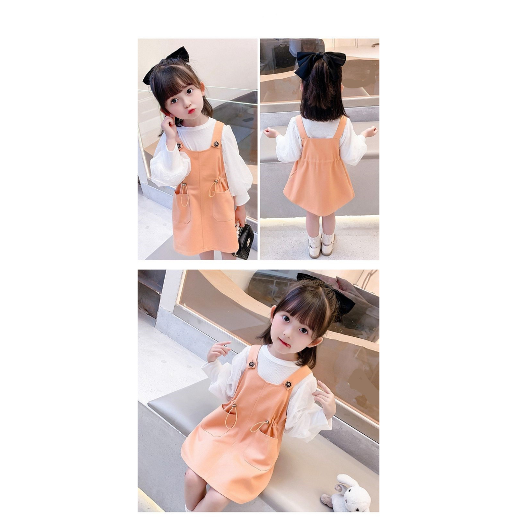 Atasan+Overall Dress Anak Perempuan Fashion Import Motif Saku Tali Serut