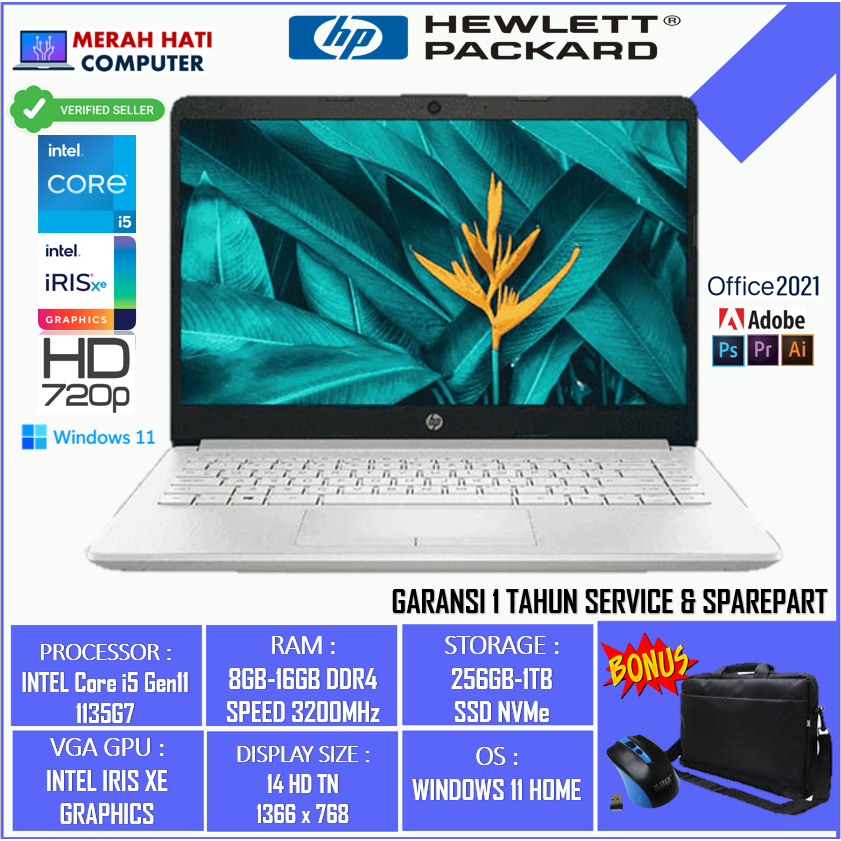 PROMO LAPTOP HP 14 INTEL i5 1135G7 24GB 512GB IRIS XE HD WINDOWS 11 HOME SILVER ORIGINAL TERLARIS