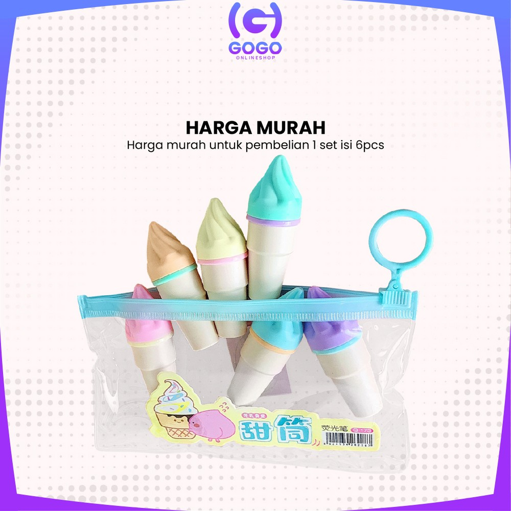 GOGO-A57 Highlighter Pen Es Krim Cone Monas 6 in 1 Free Pouch Penanda Berwarna / Spidol Highlighter Model Ice Cream Cone Unik Alat Tulis kantor Stationery