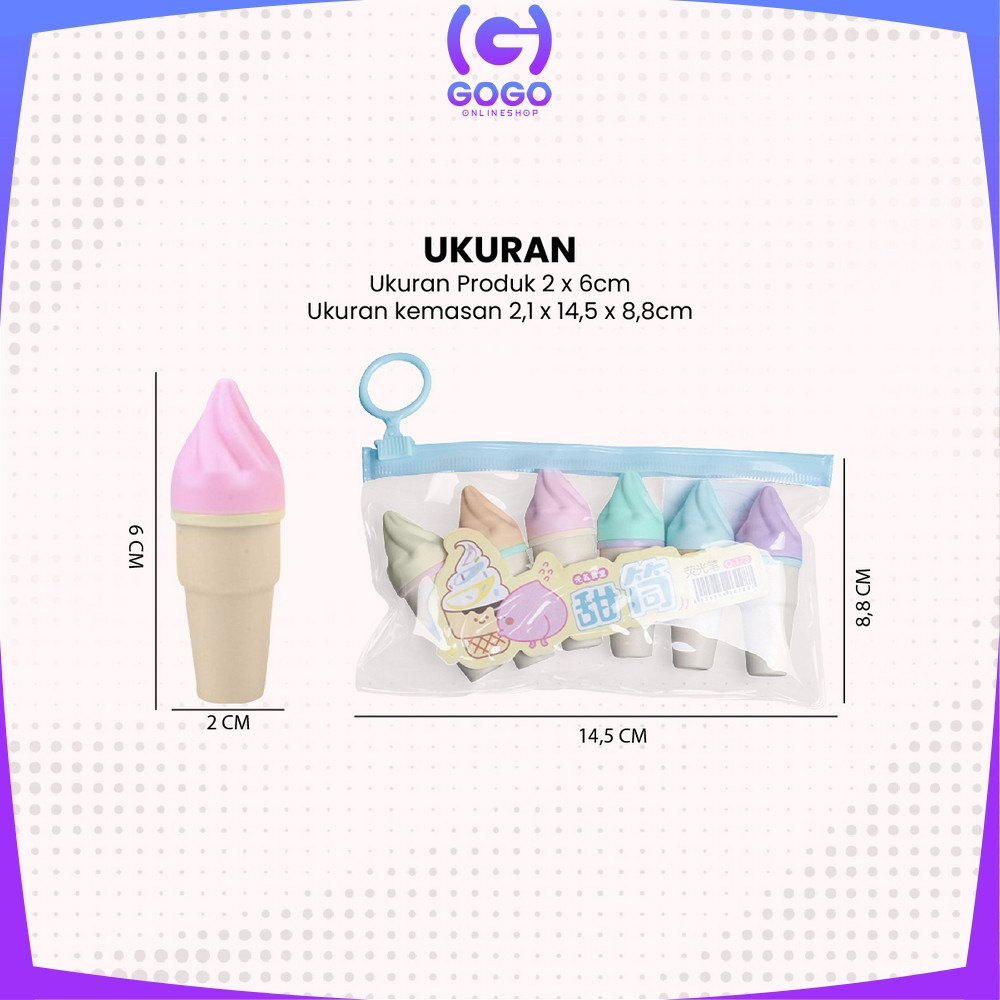 GOGO-A57 Highlighter Pen Es Krim Cone Monas 6 in 1 Free Pouch Penanda Berwarna / Spidol Highlighter Model Ice Cream Cone Unik Alat Tulis kantor Stationery