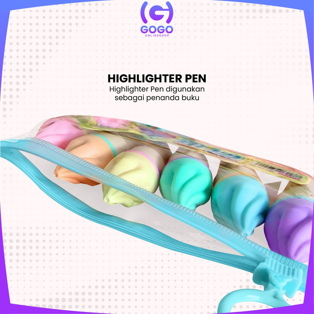 GOGO-A57 Highlighter Pen Es Krim Cone Monas 6 in 1 Free Pouch Penanda Berwarna / Spidol Highlighter Model Ice Cream Cone Unik Alat Tulis kantor Stationery