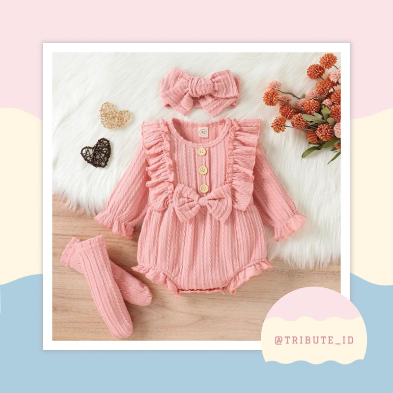 Jumper Jumpsuit Anak Baby Girl Perempuan Pink Set Bando Pita Kaos Kaki Merah Muda
