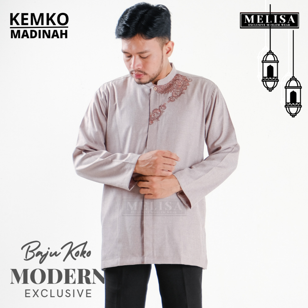 Baju Koko Pria Dewasa Katun Madinah Bordir Lengan Panjang Baju Muslim Remaja Laki Laki Ukuran M L XL - Coklat Susu