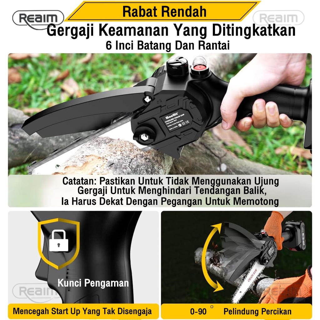 Reaim Chain Saw Cordless⚡2 baterai⚡6 Inch Chainsaw Cordless Chainsaw Gergaji Rantai Elektrik Mini Portable Genggam Lithium Model: reaim-ldj001