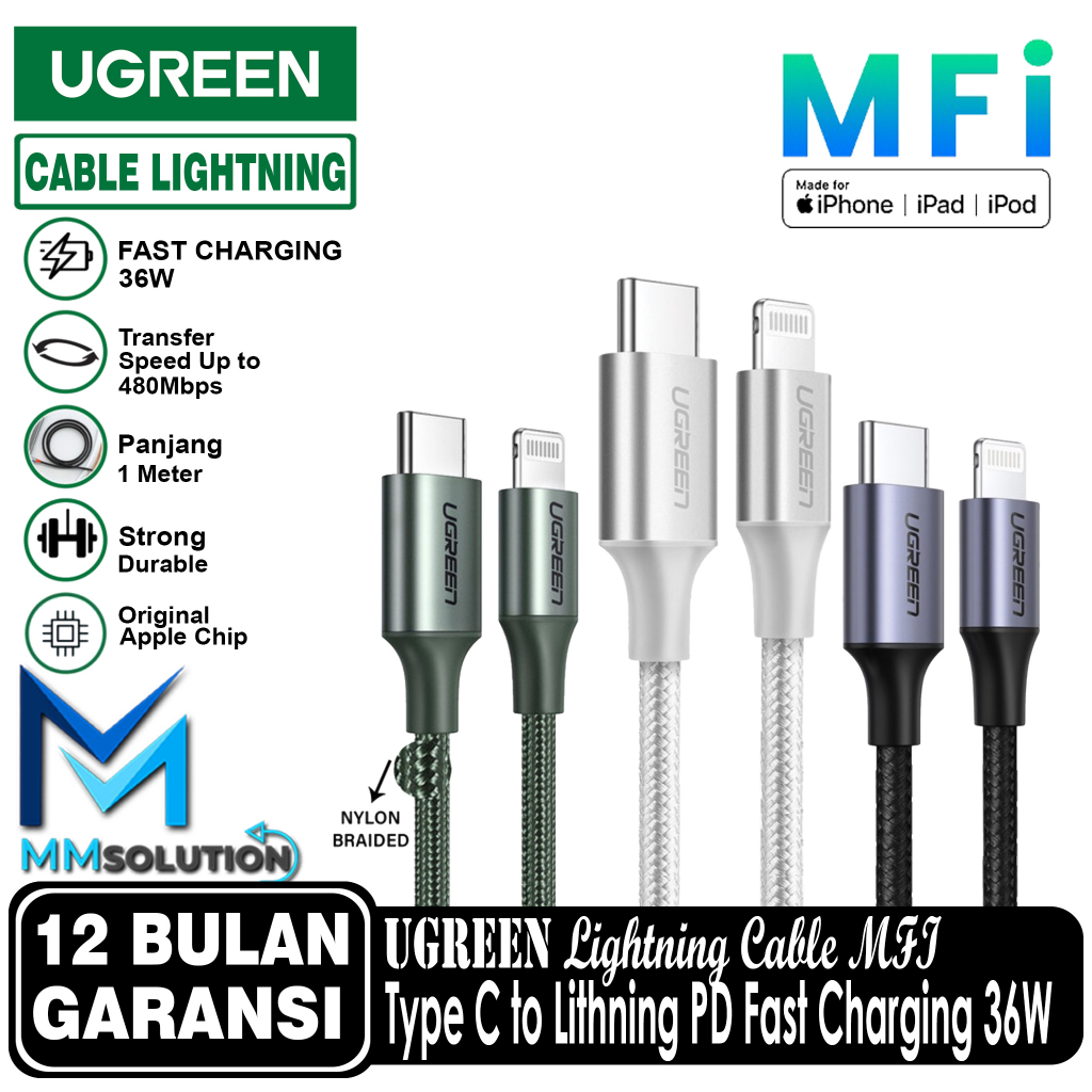 UGREEN MFI Kabel Fast Charging 3A PD 36W Type C to Lightning iPhone