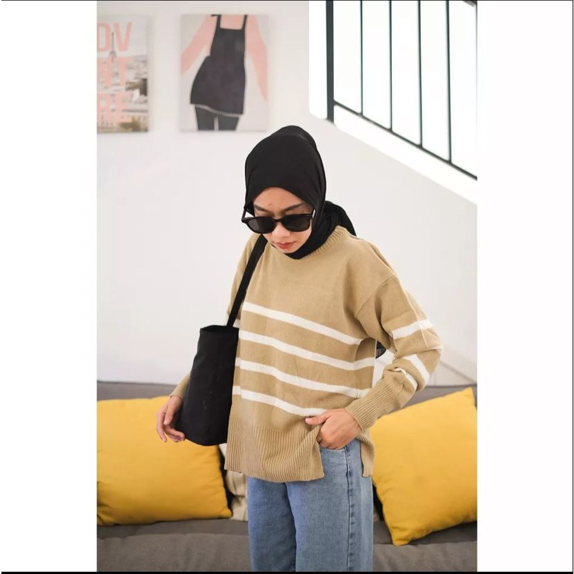 AYU TT SWEATER RAJUT OVERSIZE KOREA MOTIF STRIPE LENGAN PANJANG WANITA