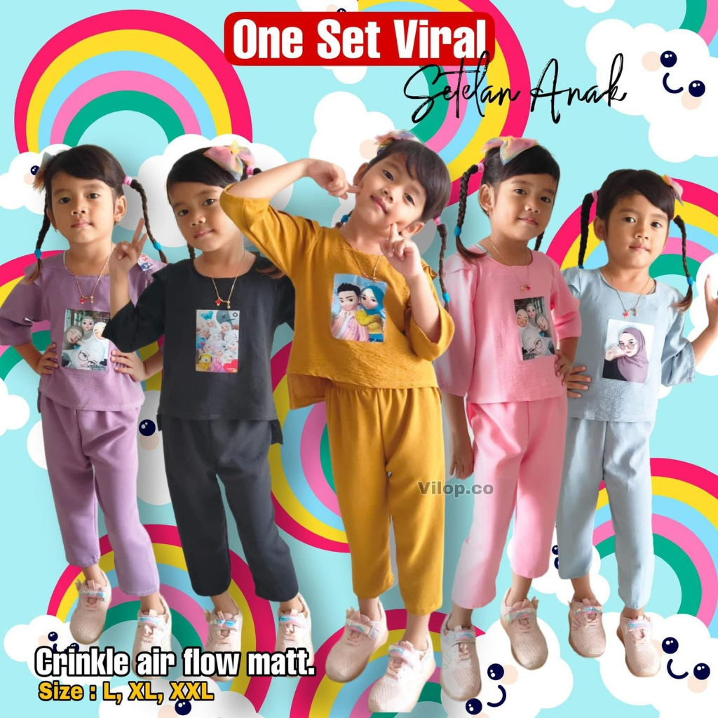 one set setelan anak perempuan 2023 terbaru cringkle airflow usia 2-7 thn Kids paling Laris gambar mixue edition