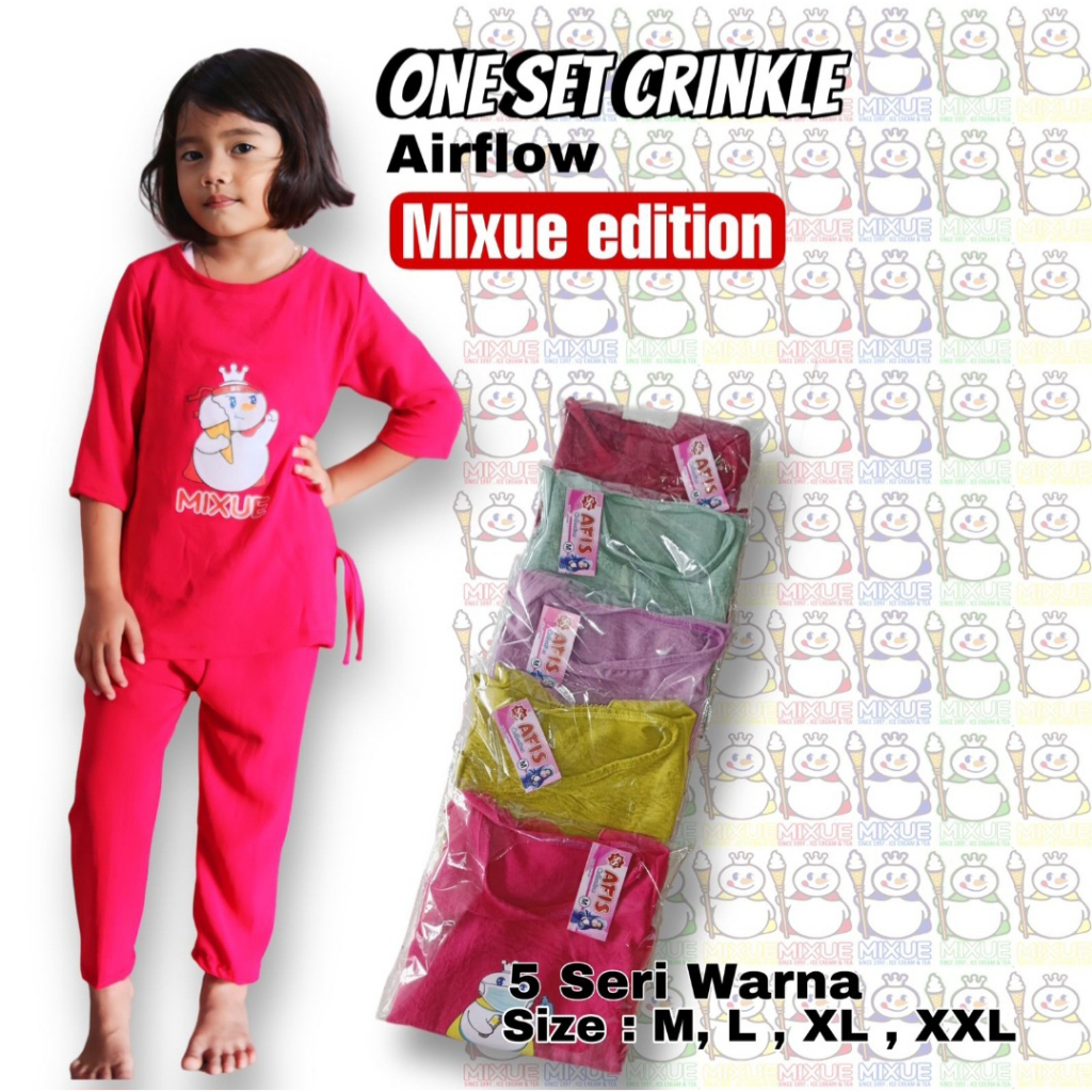 one set setelan anak perempuan 2023 terbaru cringkle airflow usia 2-7 thn Kids paling Laris gambar mixue edition