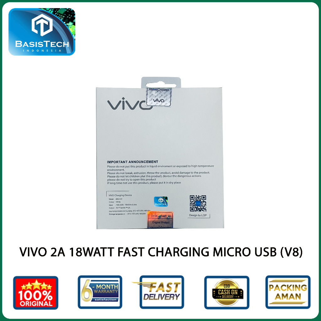 CHARGER VIVO 18W 2A MICRO USB V8 FAST CHARGING ORIGINAL QUALITY