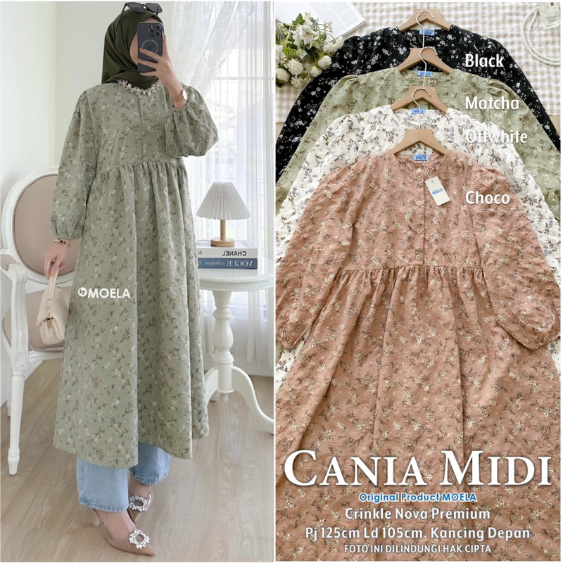 05 Gamis Wanita Kekinian Terbaru Cania Midi by MOELA. Crinkle Nova Premium Ld 105/125 Kancing Depan