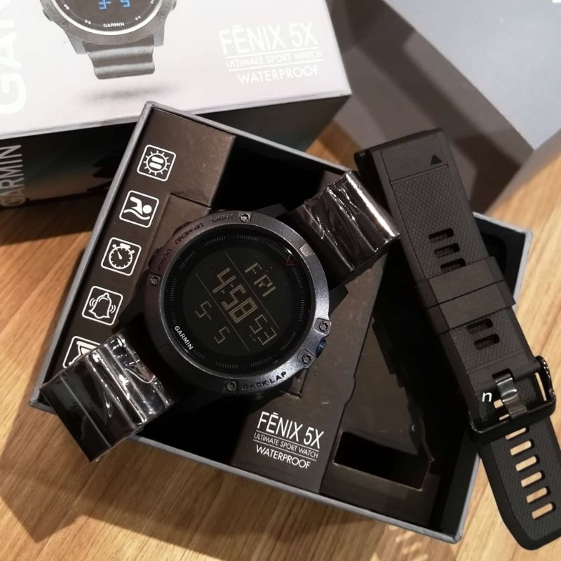 Jam Tangan Pria Garmin Fenix 5X  Free 1 Strap Rubber Cadangan Rantai Digital Sport Keren