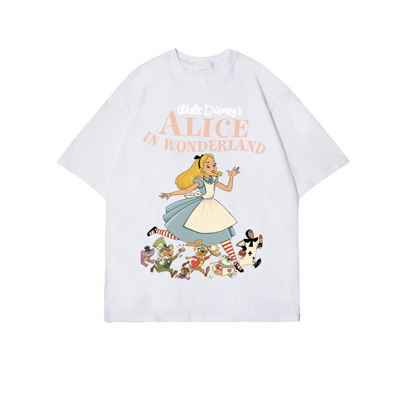 Kaos Puith Atasan Wanita Lengan Pendek Oversize  Alice In Wonderland Printed T-shirt Baju Wanita Kekinian Korean Style/Baju coklat