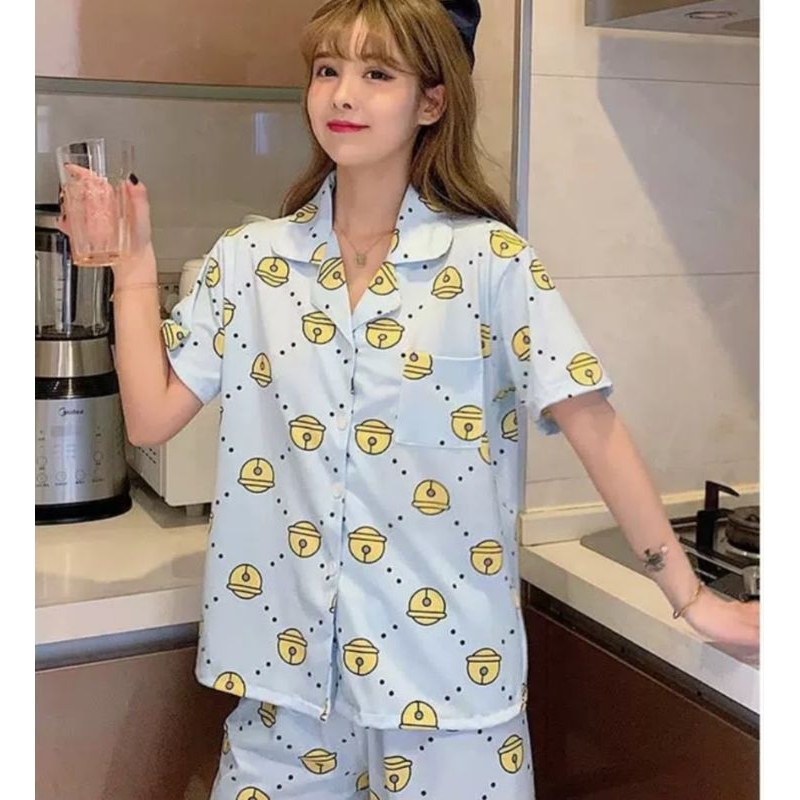 RULIF Piyama Baju Tidur Hotpant Wanita Krah Kancing Lengan pendek Celana Pendek kittybell