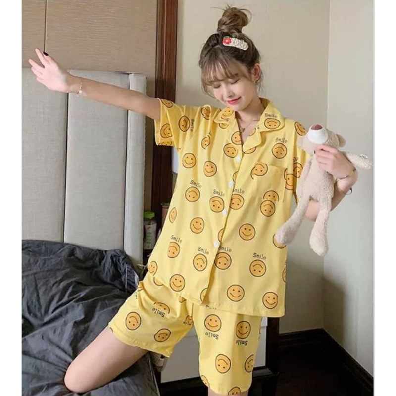 RULIF Piyama Baju Tidur Hotpant Wanita Krah Kancing Lengan pendek Celana Pendek kittybell