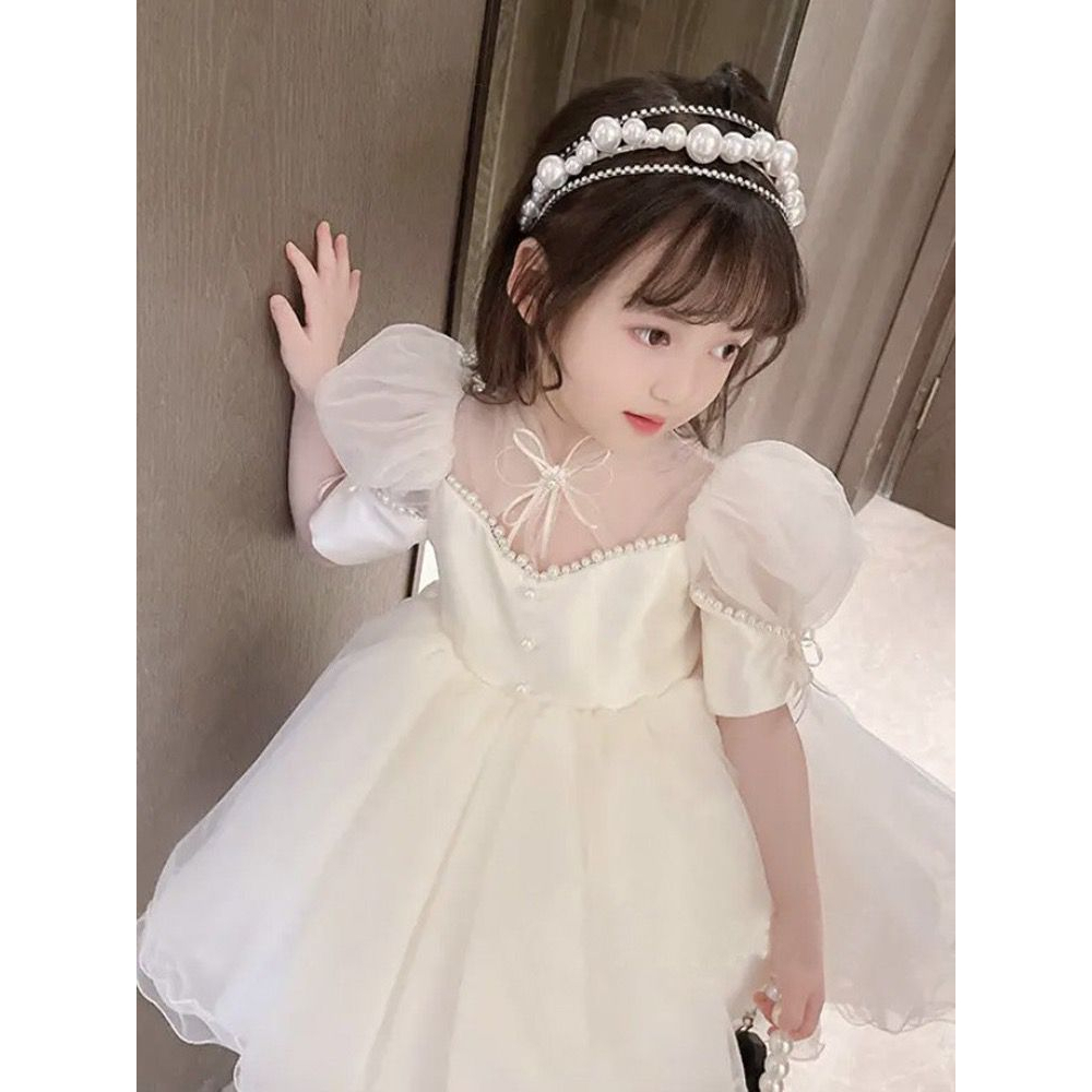 Dress Anak Perempuan Fashion Import Cream Lace Transparant Pita Mutiara