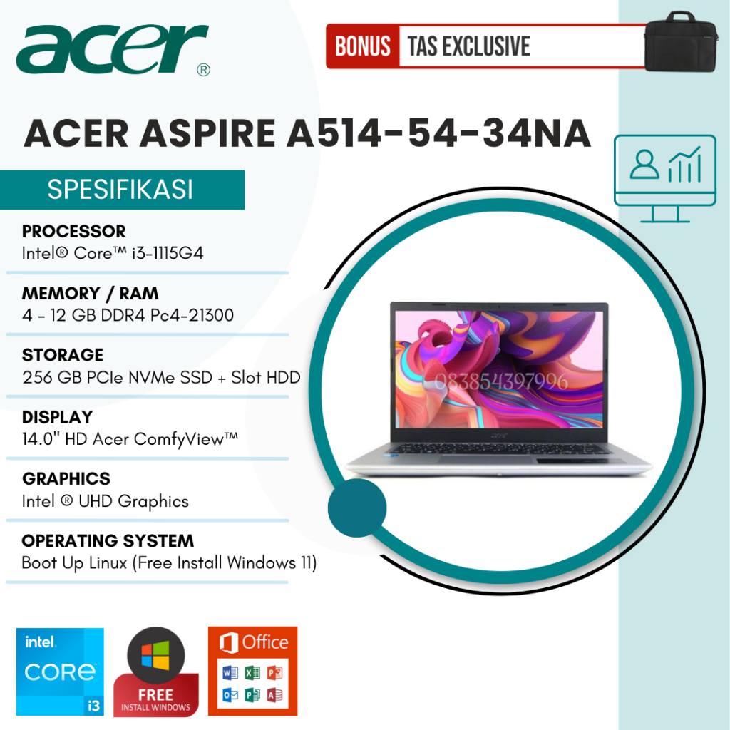 LAPTOP GAMING CORE I3 GEN 11 MURAH ACER A514-54-34NA / 8 GB RAM DDR4 / 256 GB SSD / FREE WINDOWS 10 PRO GARANSI 1 TAHUN - TEKNO KITA