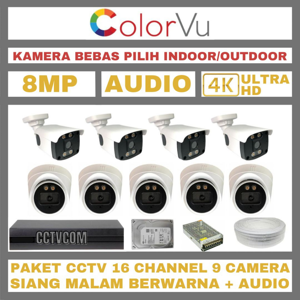 PAKET CCTV COLORVU 8MP 16 CHANNEL 9 KAMERA ULTRA HD 4K CAMERA AUDIO