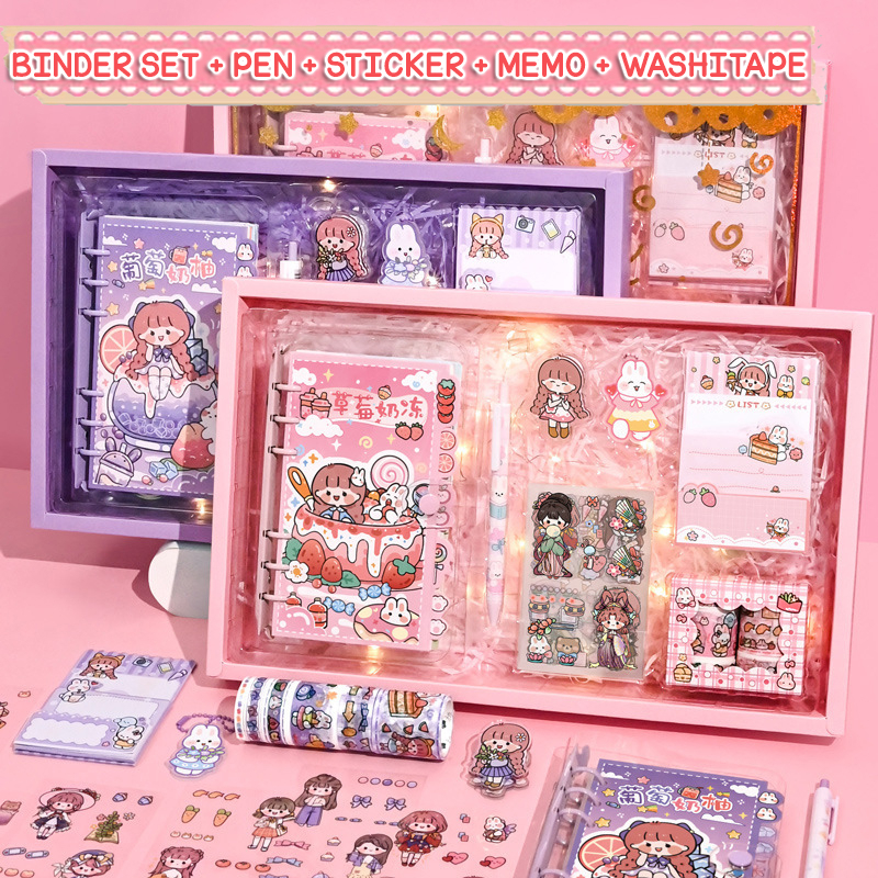 

SET BUKU DIARY BINDER DAPAT BUKU DIARY JOURNALING KERTAS MEMO WASHITAPE STICKER PET STICKY NOTE PEN CUTTER COMPLETE