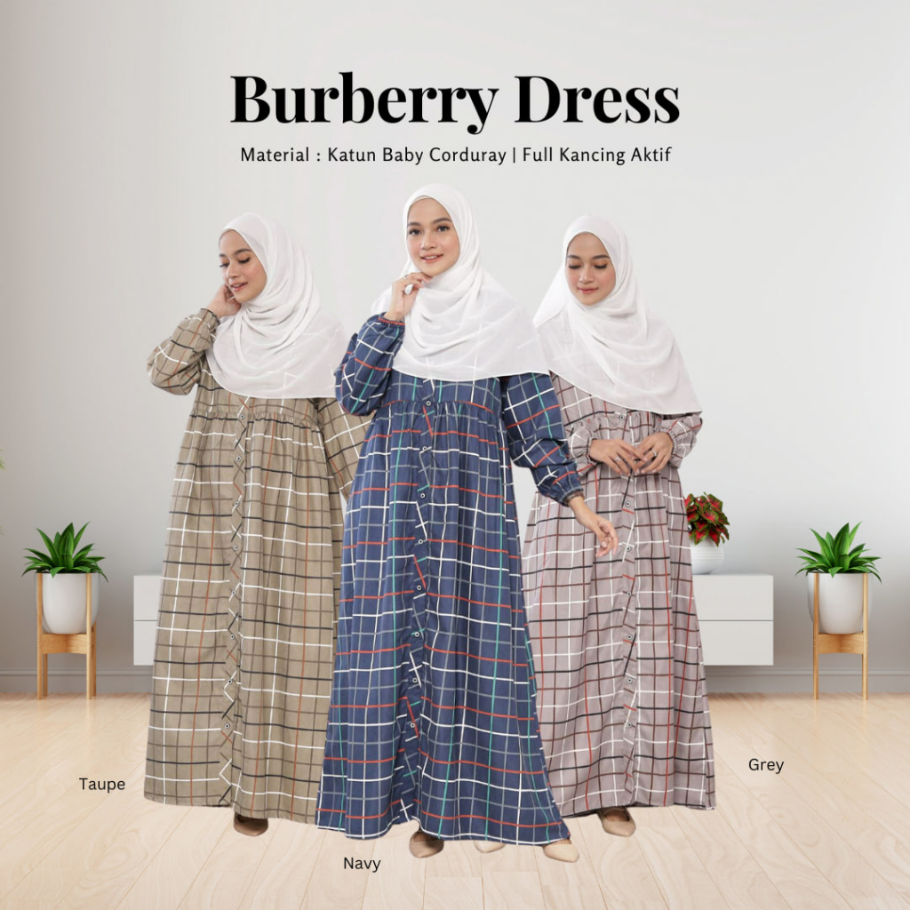 Burberry Dress bahan katun baby corduray FALOVA Gamis dewasa motif kotak