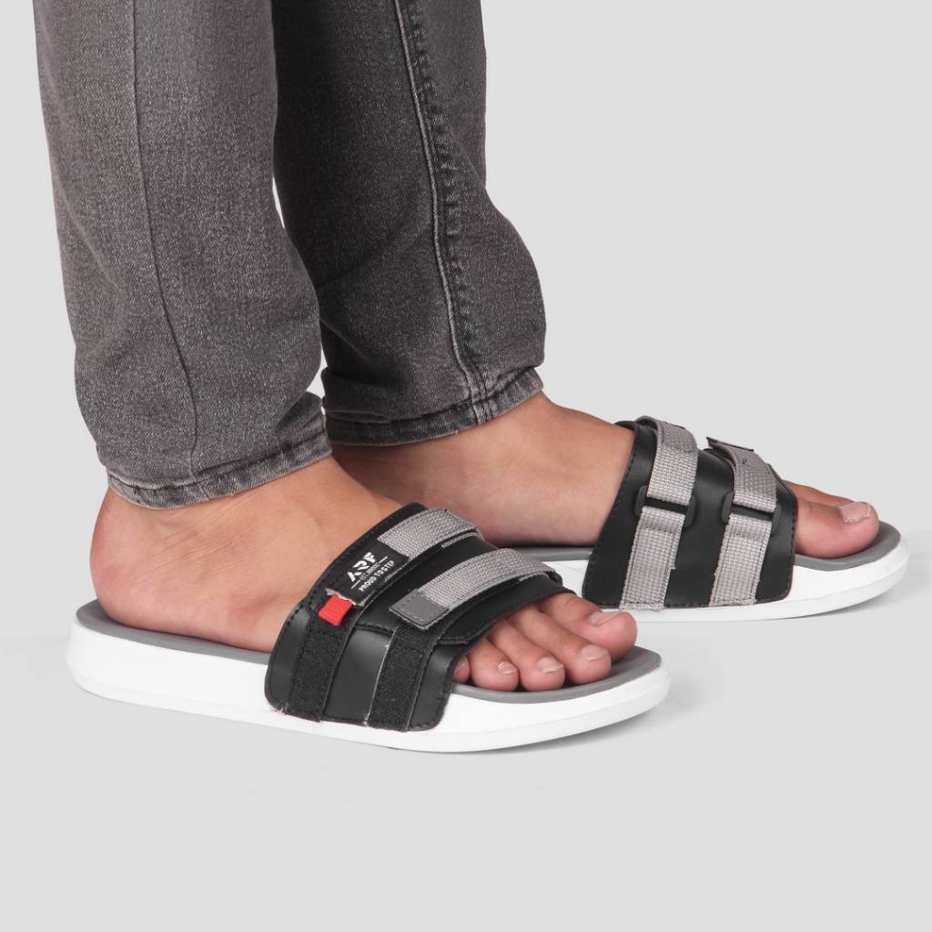 Sandal Pria Casual Slop Hangout Travelling Trendi Sendak Slide Sliip On Cowok Model Terbaru Original Arf Osc Grey