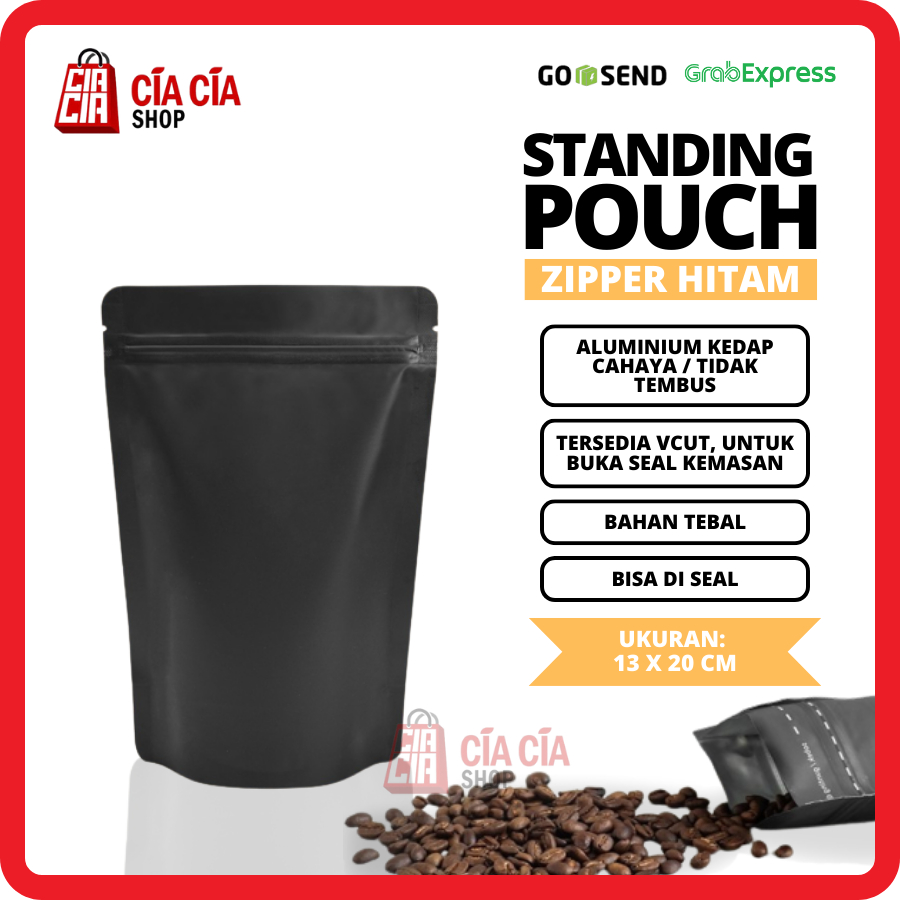 Kemasan Standing Pouch Zipper Alu Hitam, Food Grade Kedap Cahaya 13x20