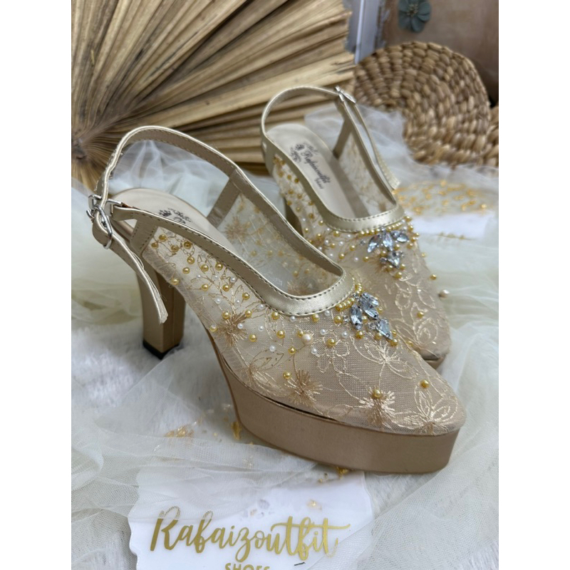 sepatu wanita wedding keisya gold 10cm platform