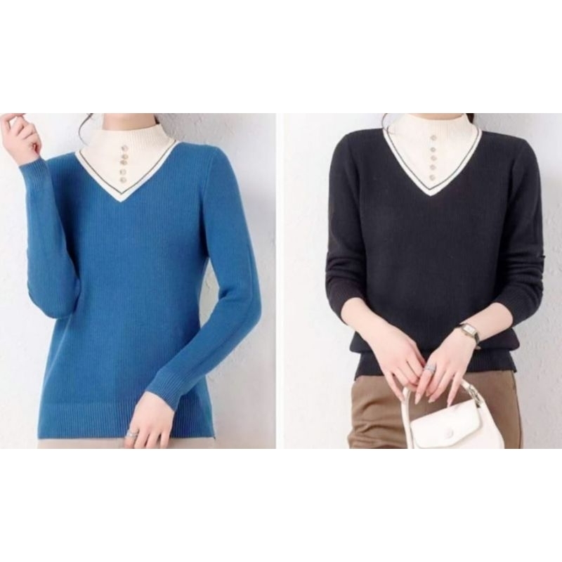 ❤️ PREMIUM IMPORT ❤️ READY ! SANDRA HIGH NECK BUTTON LONG SLEEVE KNIT SWEATER BLOUSE