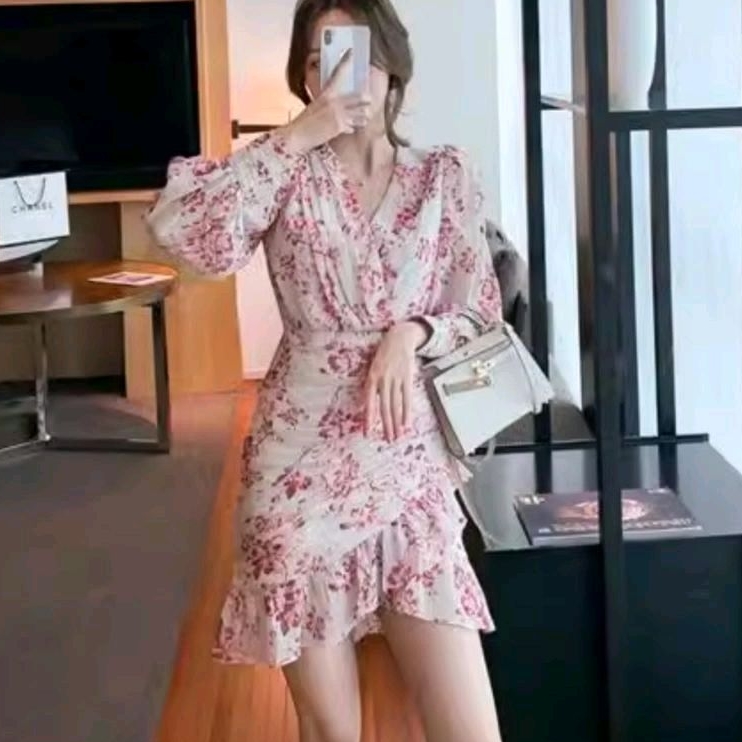 7911 Baju minidress WRAP RUFFLE REMPEL VNECK lengan panjang Baloon dres Korea Korean style pink wani