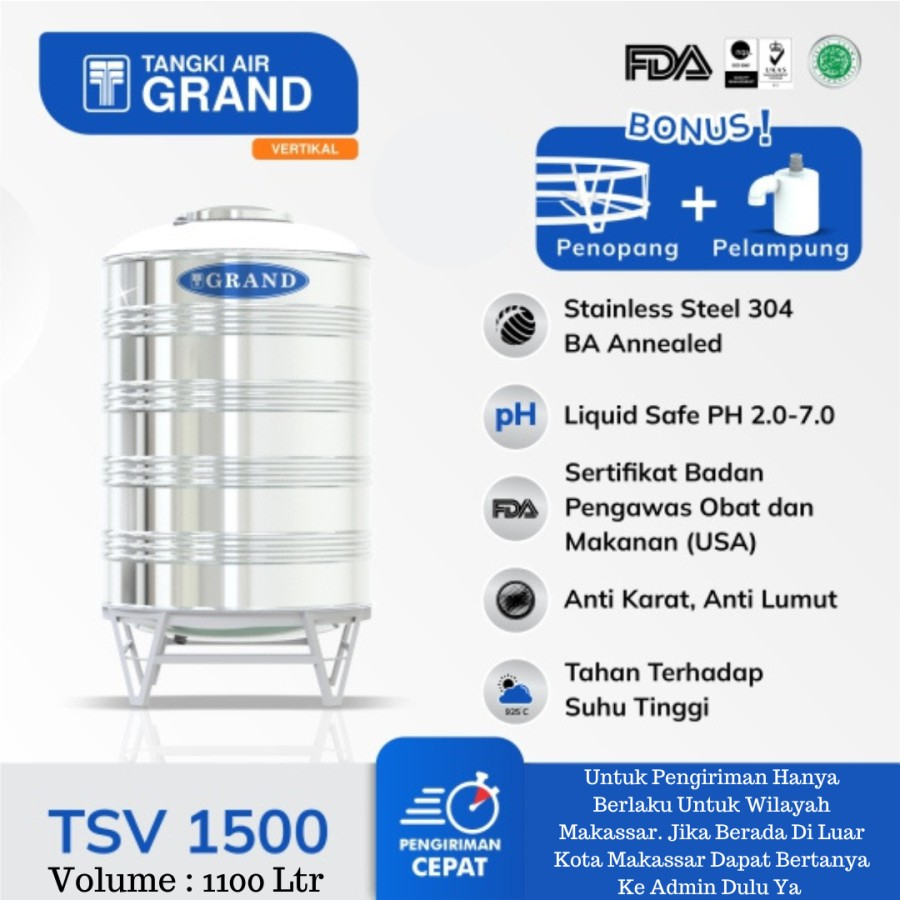 Tandon Air Stainless Grand Vertikal 1100 Liter TSV 1500 Penampungan Tangki Air