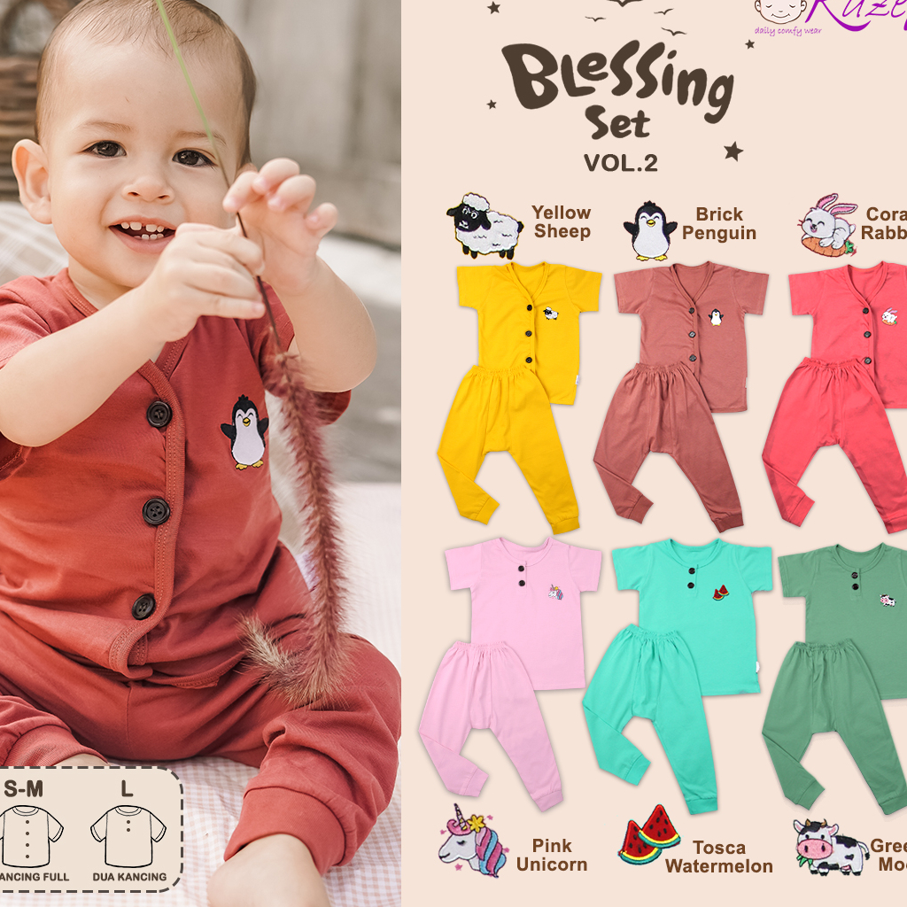 Kazel 100% Cotton 0-24 Bulan Blessing Set / Setelan Piyama Pendek Celana Panjang Bayi Unisex CBKS