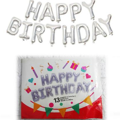 Balon Foil Huruf HAPPY BIRTHDAY SILVER, ulang tahun, perlengkapan pesta, balon huruf